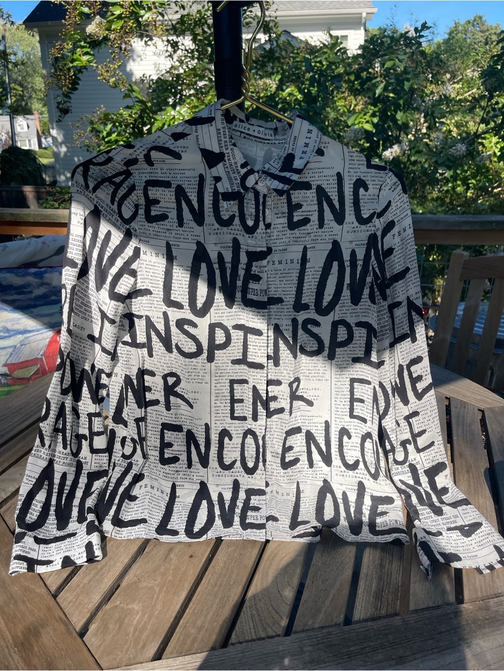 Alice + Olivia Black & White Graphic 'Love' Newspaper Print Blouse